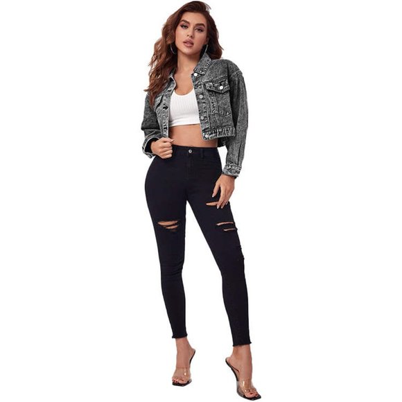 Cali Chic Women's Denim Jacket Celebrity Snow Washed Black Drop Shoulder Crop - Picture 5 of 9